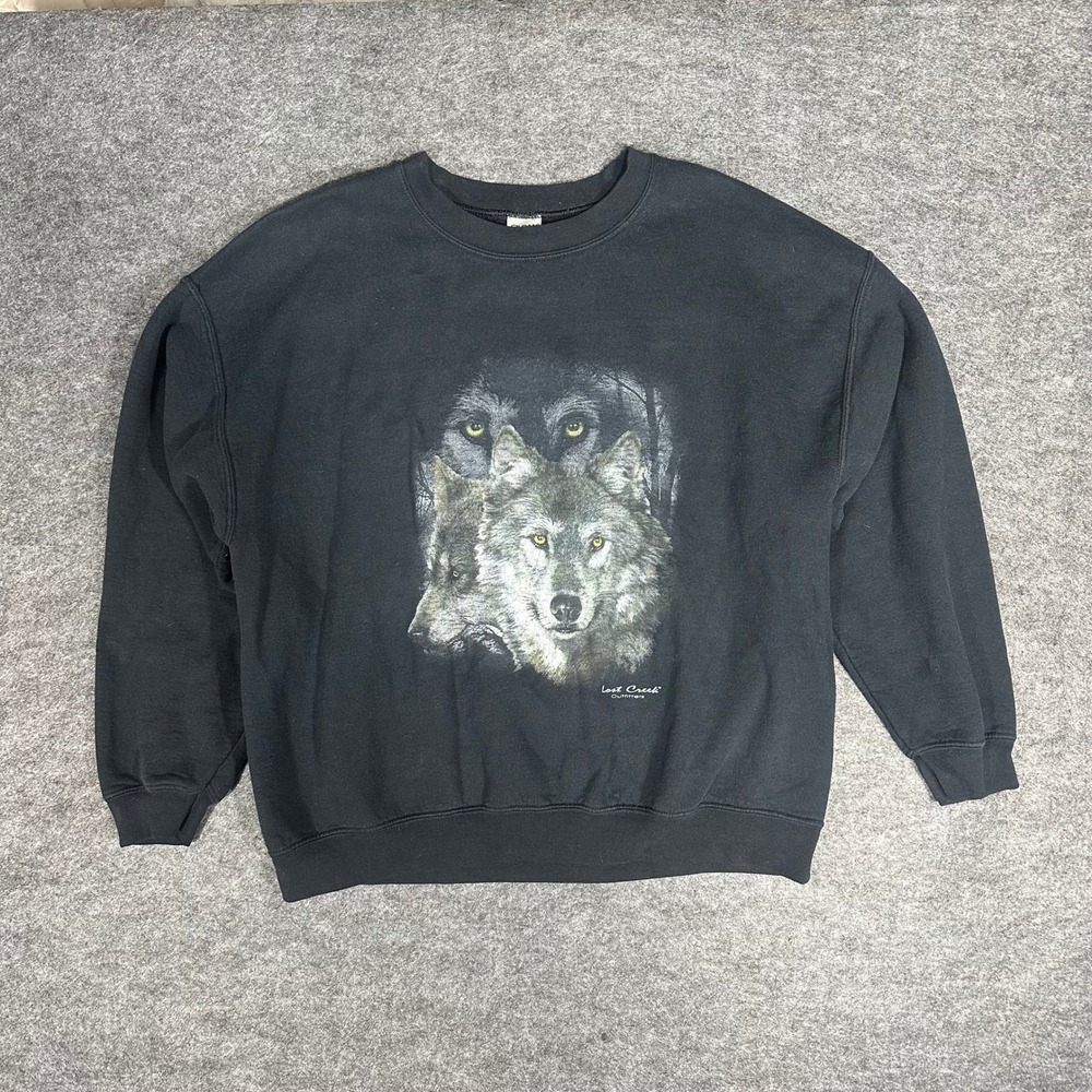 Vintage 90s Lost Creek Outfitters‎ Mens Wolf Sweatshirt XL Black